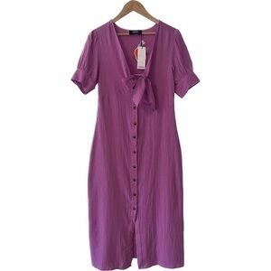 NEW Cider Purple Cotton Button Tie Front Lightweight Summer Midi Dress Small